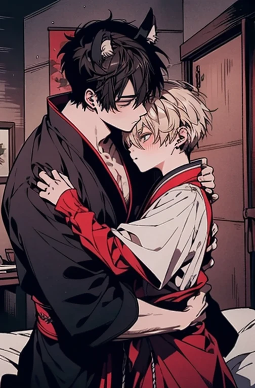 4k、ultra-detailliert、Official art、(((Man to man、Two men、Men of normal body type、Next to him、Beast ears、muscular guy、perfect eyes)))、geisha、Hands gripping the waist、Trance、cum on、Black-haired and blonde、Two men diametrically opposed、Two people laughing、stare at each other、stroking the head、animal ear、Animal tail、Smiling in a shinobi costume、Men with broad shoulders、Tight Fit Undershirt、Hugging the waist、Kissing between men、、red blush、perspiring、Troubled face、Sleep in bed、