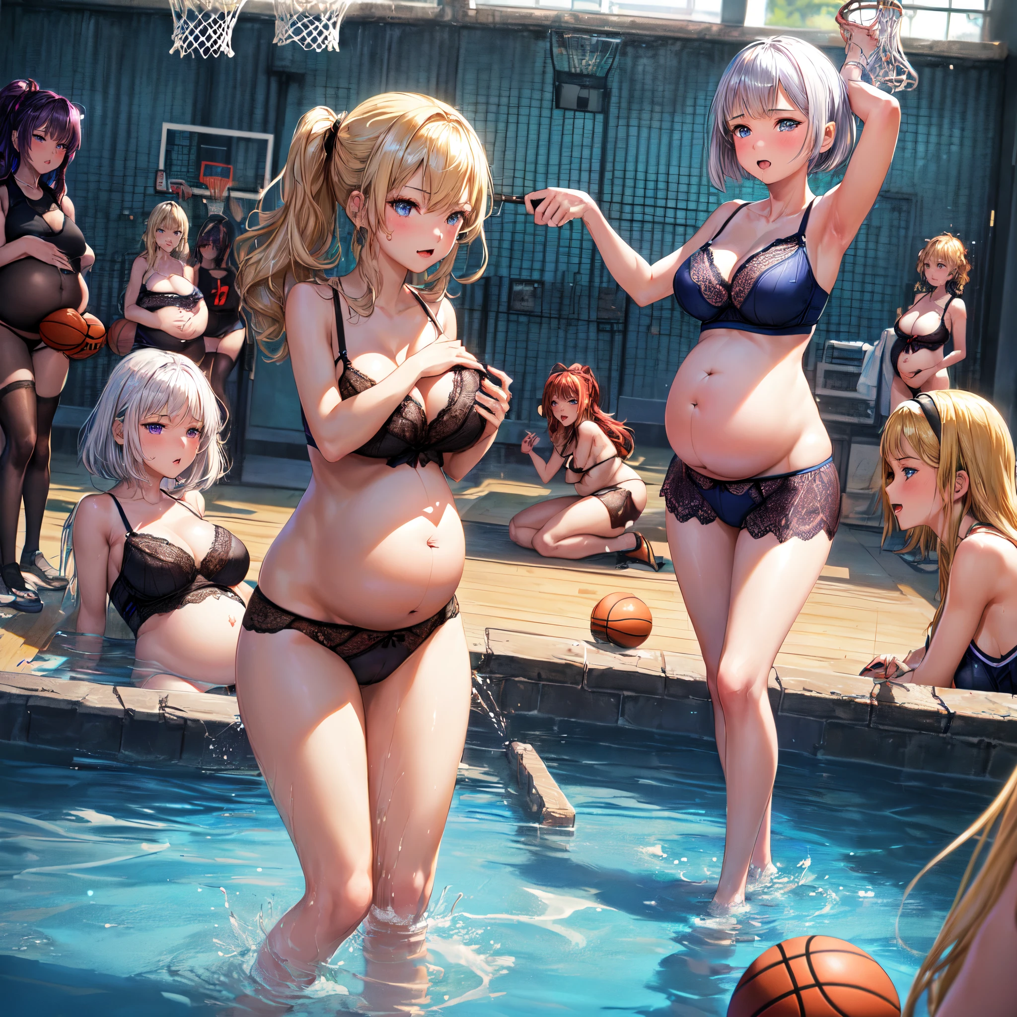 (((SFW, 5 girls in a row:1.2))), (tmasterpiece:1.2, Best quality at best, realisticlying:1.37),Basketball team member , Silver short bob hair, flaming eye,The large，press，Lace lingerie big breasts，(Soaked underwear))， (Pregnant mother),Serious face，Squat，Handheld basketball，In the cage,(cage)