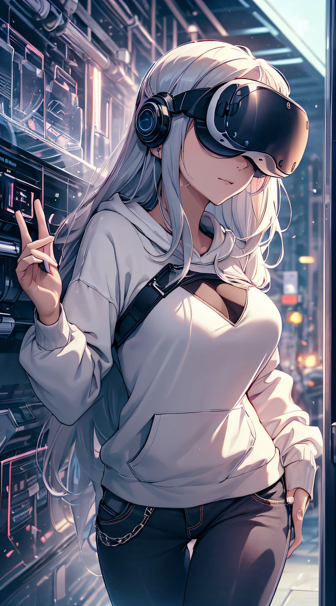 top-quality、Top image quality、masterpiece、teens girl((Blue Hoodie、black trousers、18year old、 Ager、Best Bust、big bast,Beautiful light blue eyes, Long silver hair、A slender,Large valleys、Reflecting the whole body、Leaning forward、Attach the VR visor to your eyes、I have a VR stick controller、Excited face、play VR)),hiquality、Beautiful Art、Background with(( Cyber World)))、masutepiece、depth of fields,