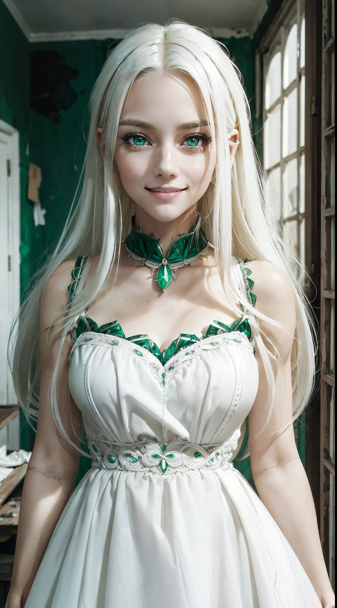 an extremely beautiful blonde girl, with intrinsic details, totally out of the ordinary, with a beautiful smile, wearing a micro dress, in a dirty and abandoned room, alone, ((always repeat the same face)), ((facing the camera)), ((very white hair)), ((emerald eyes)), ((emerald irises)), ((always repeat the same proportions))