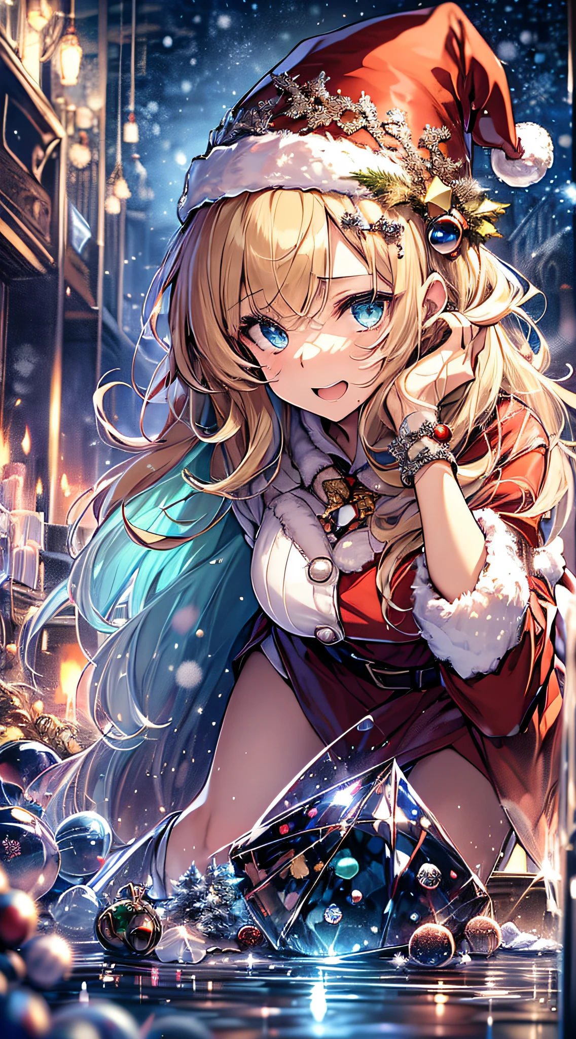 top-quality、Top image quality、​masterpiece、teens girl((Christmas、Santa's Hat、18year old、 Ager、Best Bust、big bast,Beautiful wide open light blue eyerest, a blond、A slender,Large valleys、dye one's cheeks red、Reflecting the whole body、Laugh、holding a white christmas gift bag、red cloak、Shy face、embarassed face、sprawl,Leaning forward、saluting)),hiquality、Beautiful Art、Background with((my stylish night room、Christmas Wind、Stove、Red carpet on the floor、fireplace、Christmas tree、Red bed、Kotatsu、Christmas present)))、masutepiece、depth of fields,
