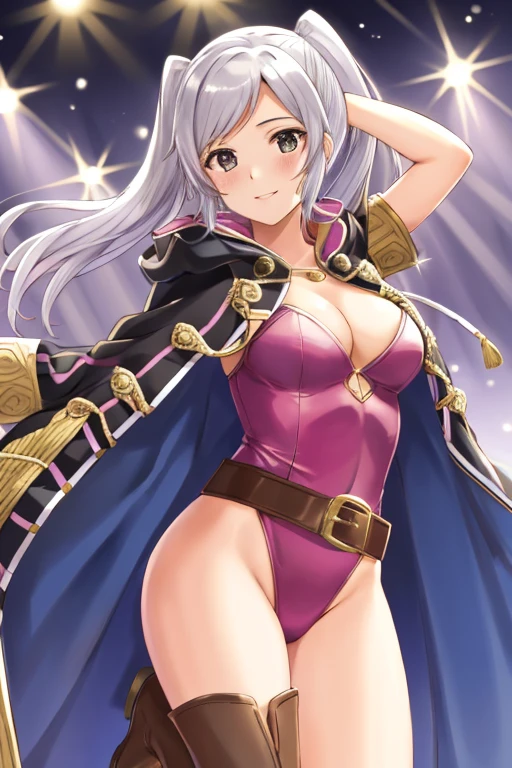 robin fe, 1girl, solo, looking at viewer, blush, ((Tight leotard)), ((sexy pose)), ((Wrestling ring)), smirk, robe, hood down, belt, tactician, cleavage, thigh boots, hands behind head, thick thighs