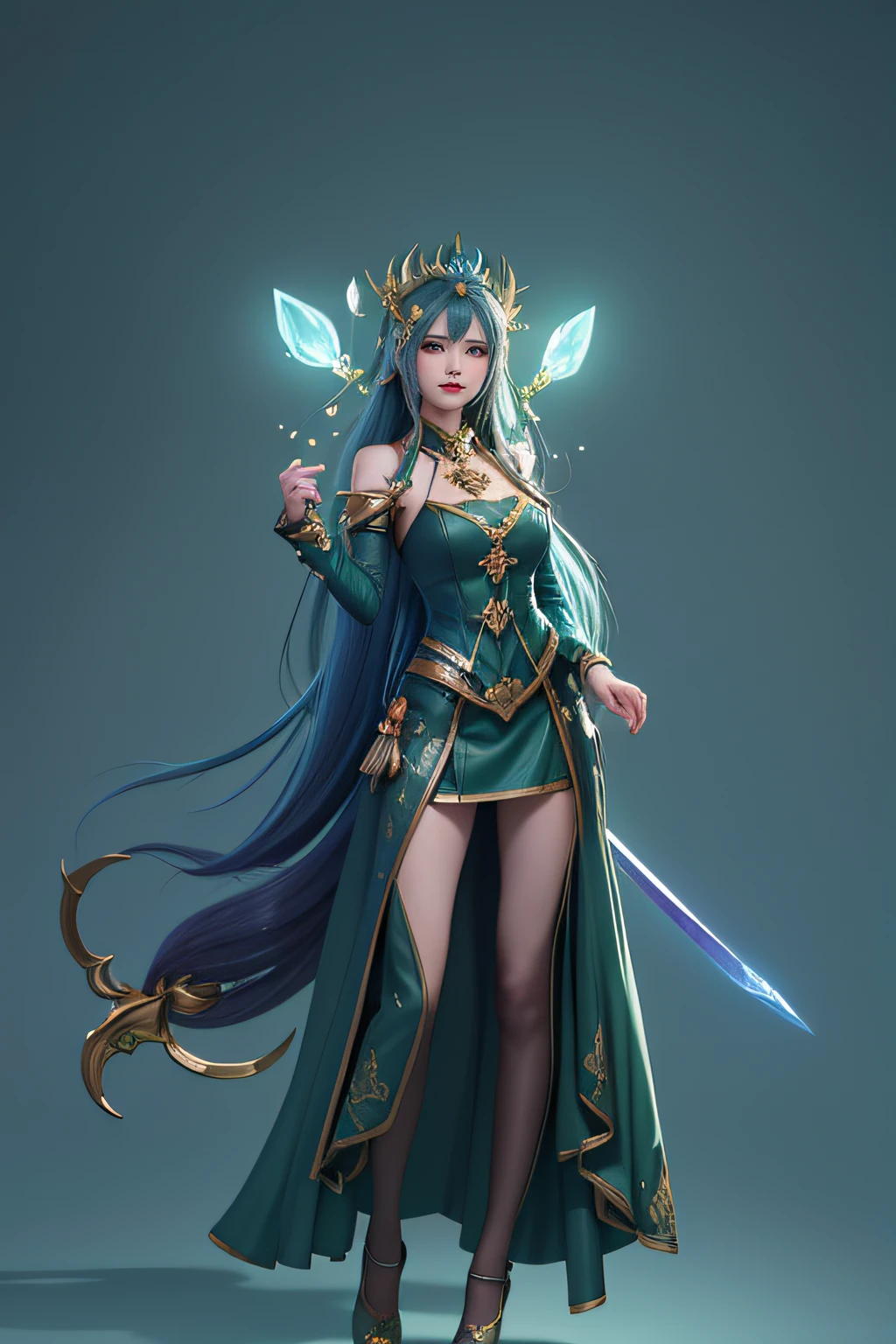 Retrato de Roshni Swathi, Muchacha-goblin, (((de piel verde))), (((Vestida de hechicera en azul/oro con guantes de mago y botas de mago))), (((arte de cuerpo entero))), ((((negro-pelo-largo)))), volumetric illumination,"La mejor calidad", "Obra maestra"