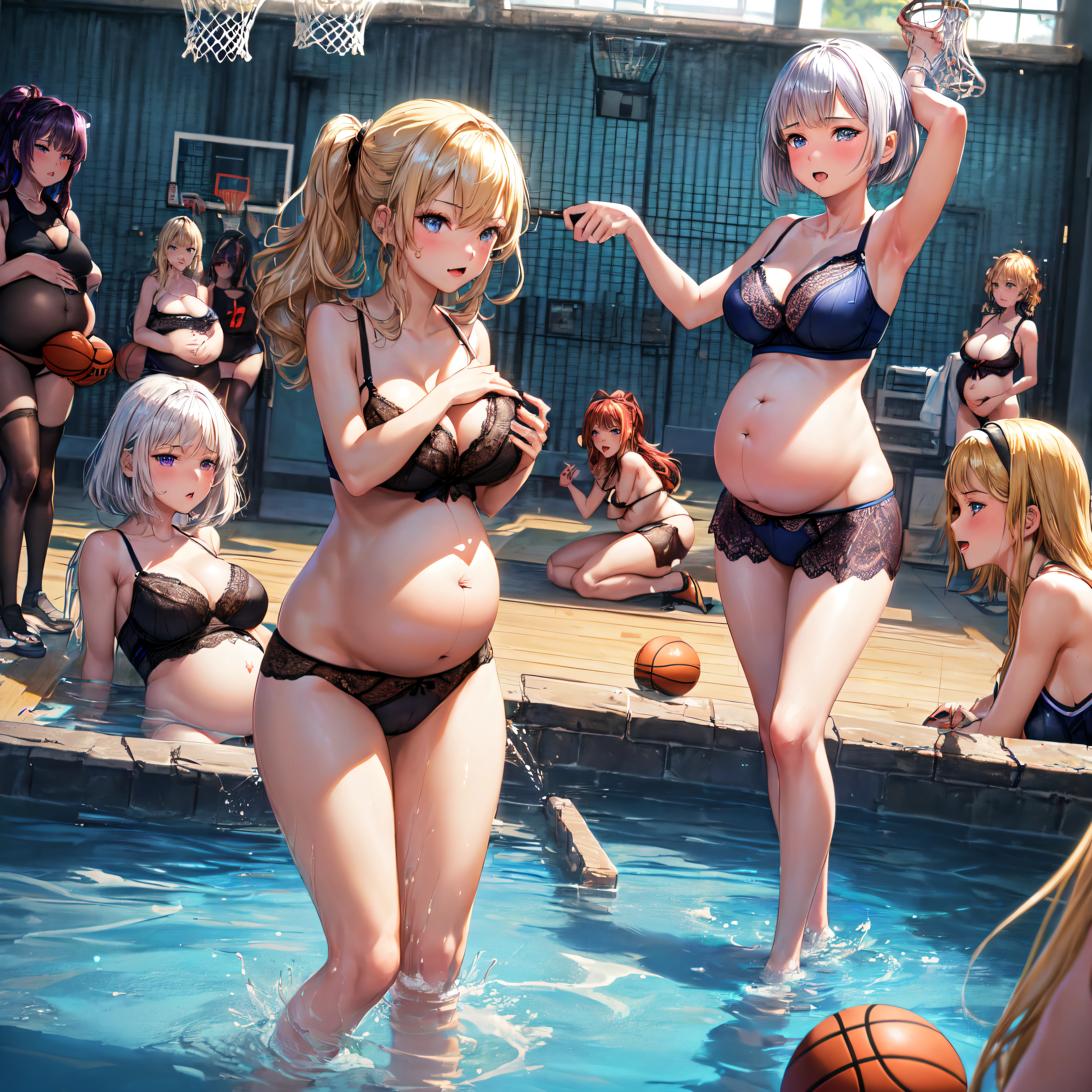 (((SFW, 5 girls in a row:1.2))), (tmasterpiece:1.2, Best quality, realistically:1.37),Basketball team member , silver bob short hair, flaming eye,bigger,press,lace underwear big breasts,(Soaked underwear)), (Pregnant mother),serius face,crouched,Handheld basketball,In the cage,(cage)