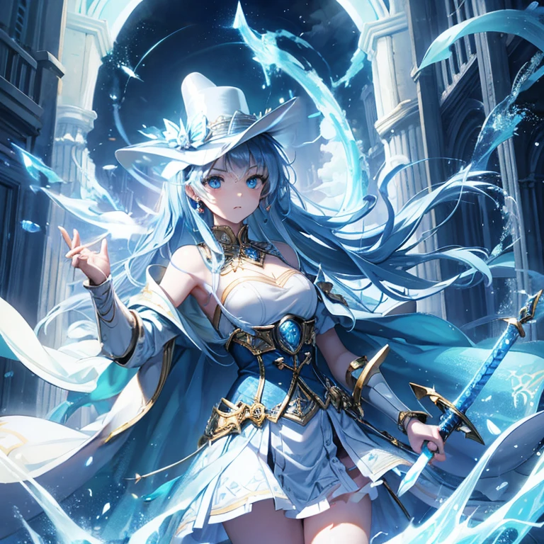 ellegance,One -handed sword,Teenage girl,light blues,Water god,'with eyelue top hat,Eau