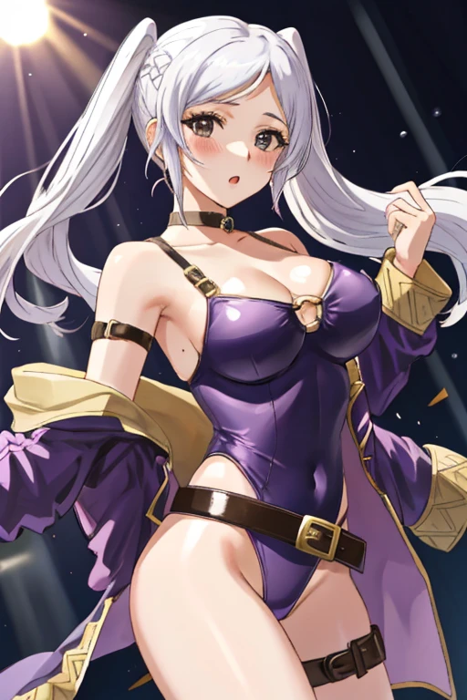 robin fe, 1girl, solo, looking at viewer, purple bikini, o-ring bikini, belt, thigh strap, :o, blush, ((Tight leotard)), ((sexy pose)), ((Wrestling ring)), white hair, cowboy shot, off shoulder, twintails, large breasts, (pale skin)