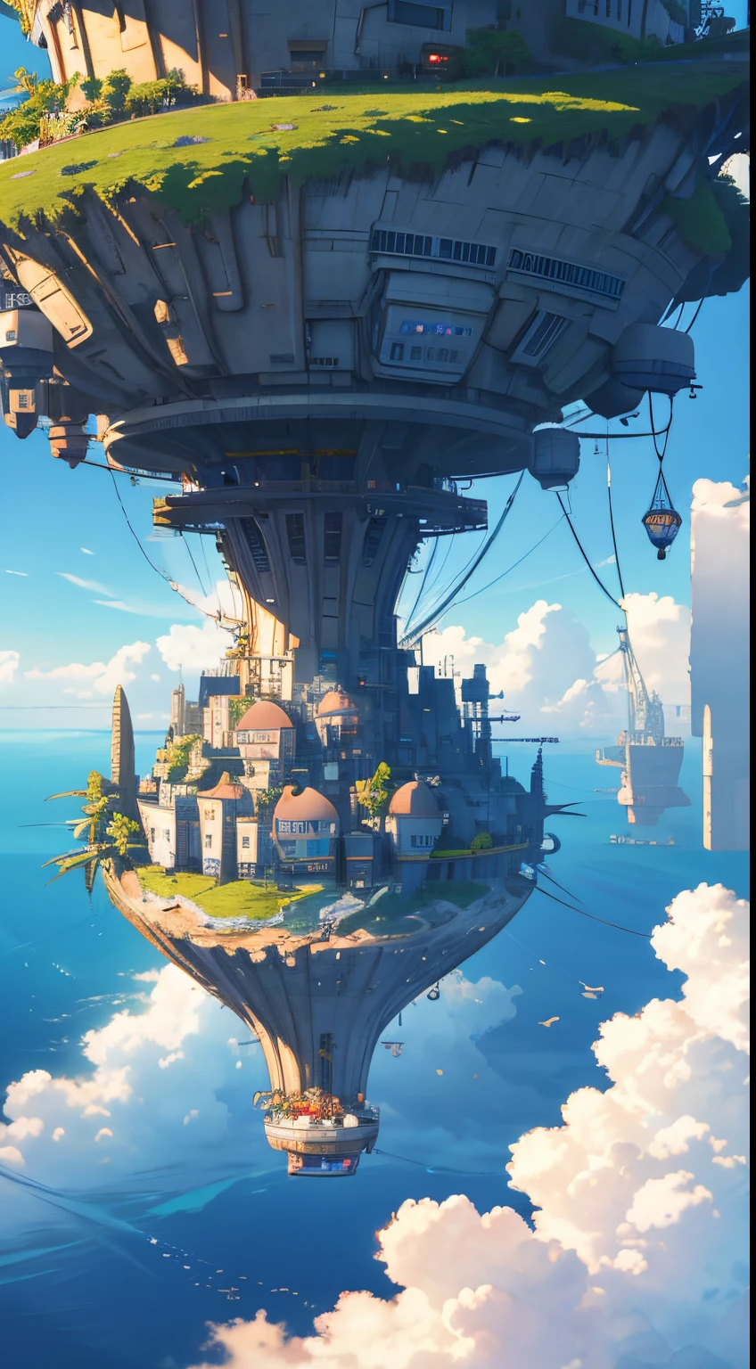 Many islands suspended in the sky, many blimps flying around, city, fantasy, magical plant growth, extreme detail, realistic light, epic composition, (complex detail), (complex design, ultra detail: 1.2) , Art Station, (Masterpiece, Best Quality), Ultra HD, Cyberpunk --v 6