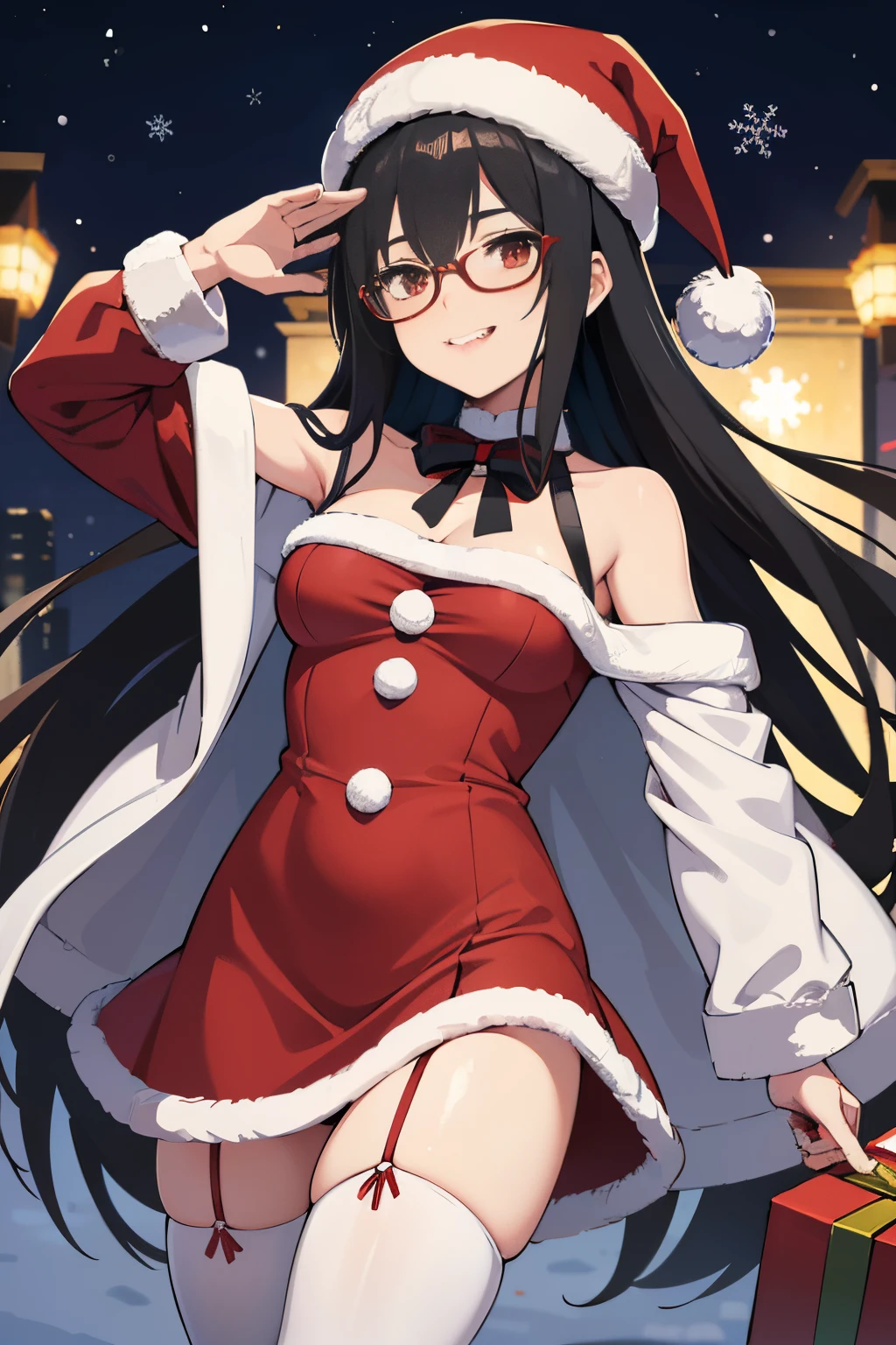 "anime girl, 1 person, black hair, shoulder length hair, red eyes, glasses, white horns, discreet, santa outfit, santa shirt, santa hat, winter outfit, big breasts, stockings, licking lips, small black wings on back, solo, front view, falling snow, Christmas gift box, Christmaull HD 4K+ image)"