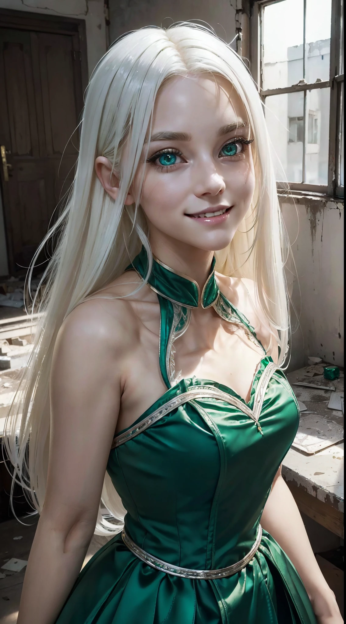 an extremely beautiful blonde girl, with intrinsic details, totally out of the ordinary, with a beautiful smile, wearing a micro dress, in a dirty and abandoned room, alone, ((always repeat the same face)), ((facing the camera)), ((very white hair)), ((emerald eyes)), ((emerald irises)), ((always repeat the same proportions))