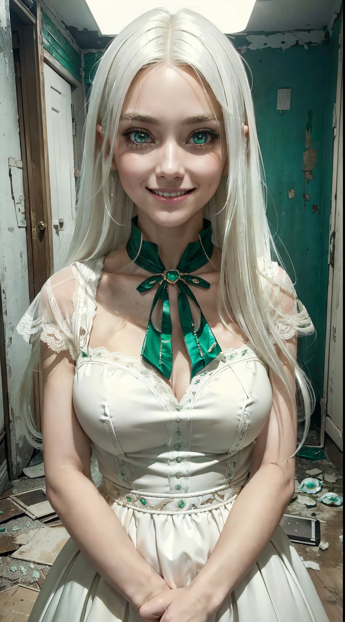 an extremely beautiful blonde girl, with intrinsic details, totally out of the ordinary, with a beautiful smile, wearing a micro dress, in a dirty and abandoned room, alone, ((always repeat the same face)), ((facing the camera)), ((very white hair)), ((emerald eyes)), ((emerald irises)), ((always repeat the same proportions))