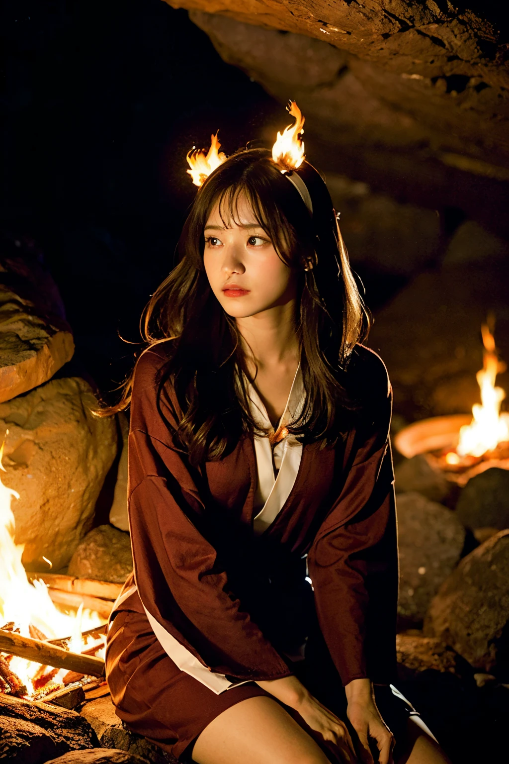 (Best Quality, masutepiece), (1girl in, Solo,brown robes, Facial expression face, Looking away, Sitting, Wide sleeves, Black eyes, Closed mouth, Ribbon-shaped fire on the head, Long hair, Cowboy Shot), (monochromes, Night sky at the entrance of the cave , Light rising from below, inside a cave, Floating glowing bundle of white particles, Fire burning at hand, Float a lot of small fires),