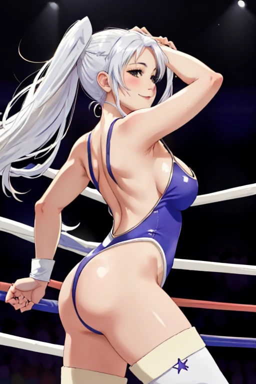 robin fe, 1girl, solo, looking at viewer, ((Tight leotard)), ((sexy pose)), ((Wrestling ring)), white apron, naked apron, sideboob, seductive smile, white hair, from side, large breasts, back, ass