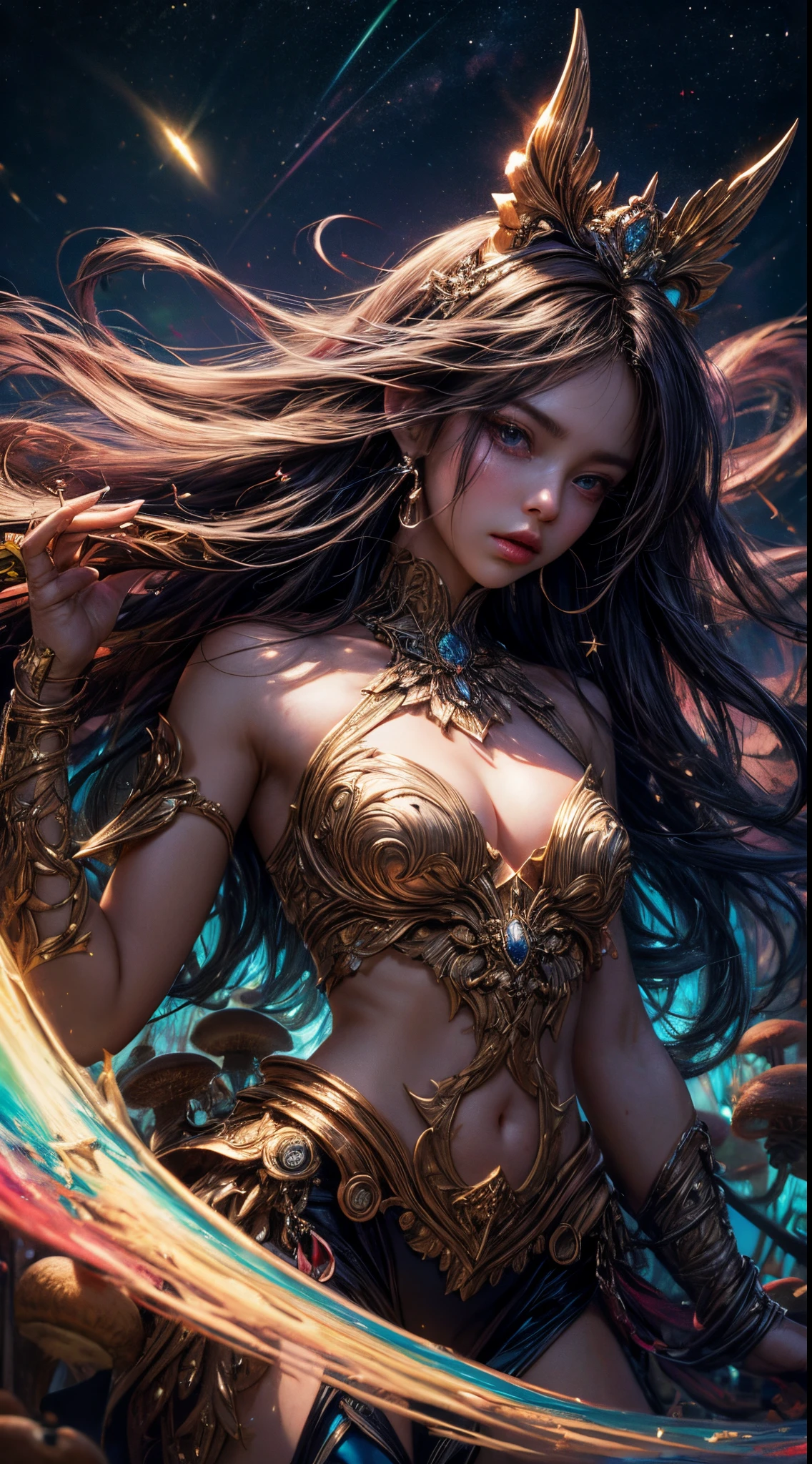 8k Wallpaper,grand,(((masterpiece))), (((best quality))), ((ultra-detailed)), (illustration), ((an extremely delicate and beautiful)),dynamic angle,rainbow hair,detailed cute anime face,((li)),(((masterpiece))),anmasterpiece, best quality, incredibly absurdres, high detail background, (glowing effect), starry sky, glowing nebula sky, colorful,Mushrooms, fantasy, 1girl, solo, long hair,More Detail