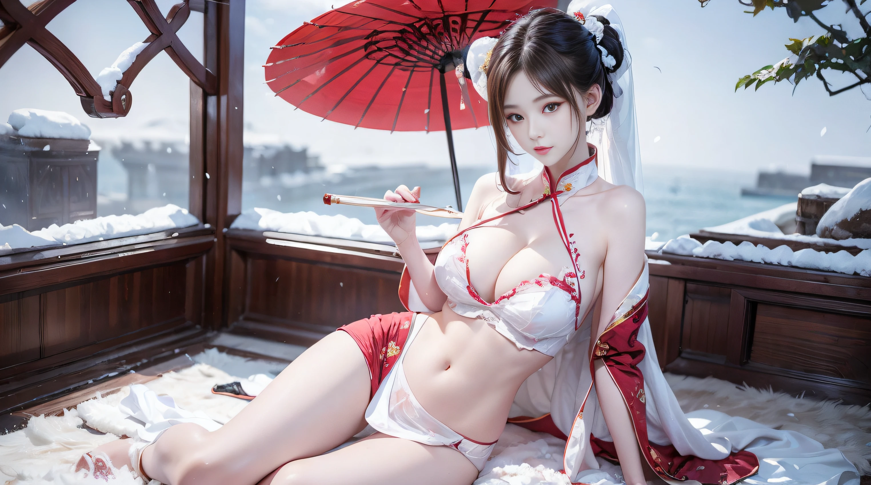 (quality、tmasterpiece:1.2), sweet girl,pigtails,silvery white hair、Smooth skin、Beautiful mouth、(beautiful postures),(Chinese style translucent bellyband),Translucent red gorgeous Chinese cheongsam,themoon,Lying in the snow,bedridden,Riding position,Visible on the back,Visible,((Super big and soft:1.3)),Accent strapless,Clear silk scarf,Translucent white plush shawl,red and white, umbrella,folding fan,petals,natta,extreme light,Luminous magic circle