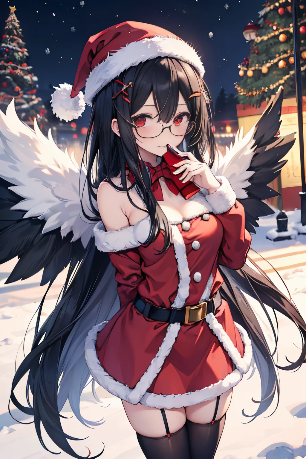 "anime girl, 1 person, black hair, shoulder length hair, red eyes, glasses, white horns, discreet, santa outfit, santa shirt, santa hat, winter outfit, big breasts, stockings, licking lips, small black wings on back, solo, front view, falling snow, Christmas gift box, Christmaull HD 4K+ image)"