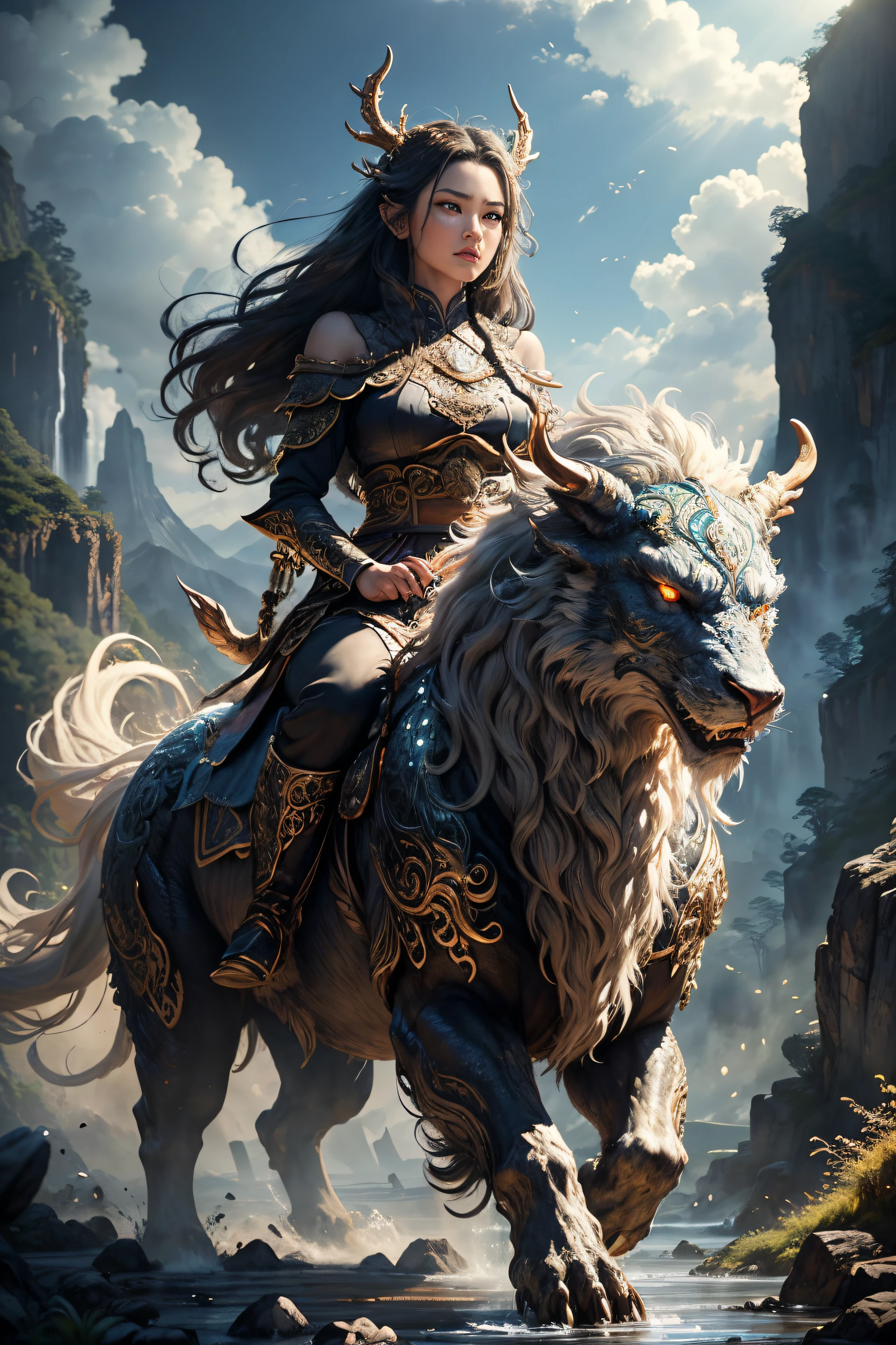 (Best quality,8K,A high resolution,tmasterpiece:1.2),ultra - detailed,(actual,realistically,realisticlying:1.37),Ancient beasts from hell，Chinese mythology，Mountain and Sea Sutra，the mountains and the sea,Ancient legends,mythological creatures,Sparkling golden scales,deer antlers,mane hair,quadrupedal，sharp talons,beast of prey，buck teeth，sparkling big eyes，golden rays of sunlight, Surrounded by clouds,Flowing waterfall, Towering mountains, Un bosque tranquilo, Intricate fantasy ink painting, Detailed fantasy ink illustration, Fantasy  detailed, beautiful detailed fantasy, Magical fantasy  very detailed, Highly detailed fantasy art, Rivendell Epic Fantasy, japanese fantasy, detailed fantasy digital art, chinese fantasy, detailed fantasy art,