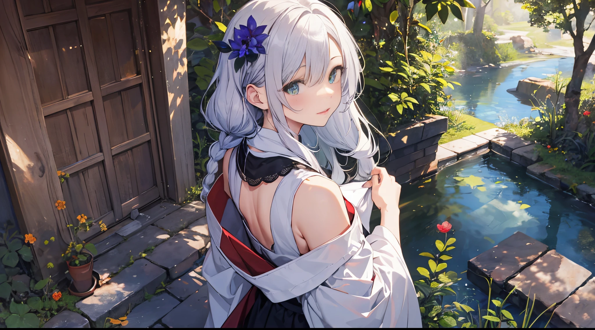 （（tmasterpiece：1.4, Best quality at best））+, （hyper-detailing）+, （Delicate green eyes：1.5）+, （Detailed ears：1.5）, （cute girlonk's robes：1.5）, Tight white silk, Short hair details, long braid，biting pigtails，no headwear，（Black flowers：1.2）, pale-skinned, （white cloth：1.5）, （Giant wood：1.4）, Ancient temple in the mountains，censer，visitor，Cleaning，Ancient trees in the courtyard，falling leaf，（white headscarf：1.1）, （dawn light：1.2）,（Monks：1.5 ）, （closeup cleavage：1.1）, the only person, deep purple hair, hair covering one eye, V-shaped eyebrows, Gloom (have expressed), from back, from the above, Best quality at best, A high resolution, high detal, high high quality, 16k