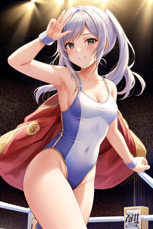 robin fe, 1girl, solo, looking at viewer, shorts, white tank top, spaghetti strap, ((Tight leotard)), ((y pose)), ((Wrestling ring)), bent over, smirk, cowboy shot, midriff