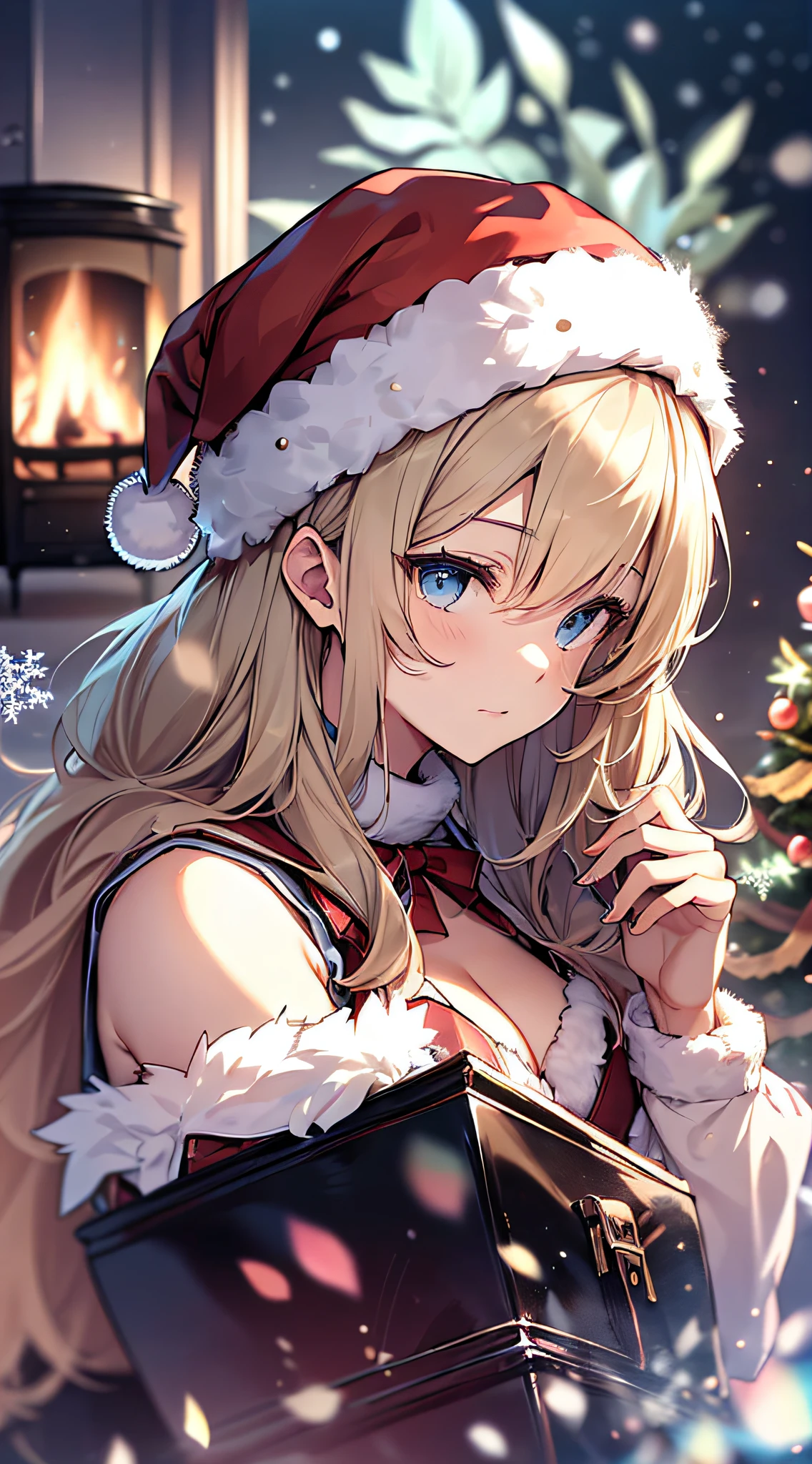 top-quality、Top image quality、​masterpiece、teens girl((Christmas、Santa's Hat、18year old、 Ager、Best Bust、big bast,Beautiful wide open light blue eyerest, a blond、A slender,Large valleys、dye one's cheeks red、Reflecting the whole body、Laugh、holding a white christmas gift bag、red cloak、Shy face、embarassed face、,Leaning forward、saluting)),hiquality、Beautiful Art、Background with((my stylish night room、Christmas Wind、Stove、Red carpet on the floor、fireplace、Christmas tree、Red bed、Kotatsu、Christmas present)))、masutepiece、depth of fields,