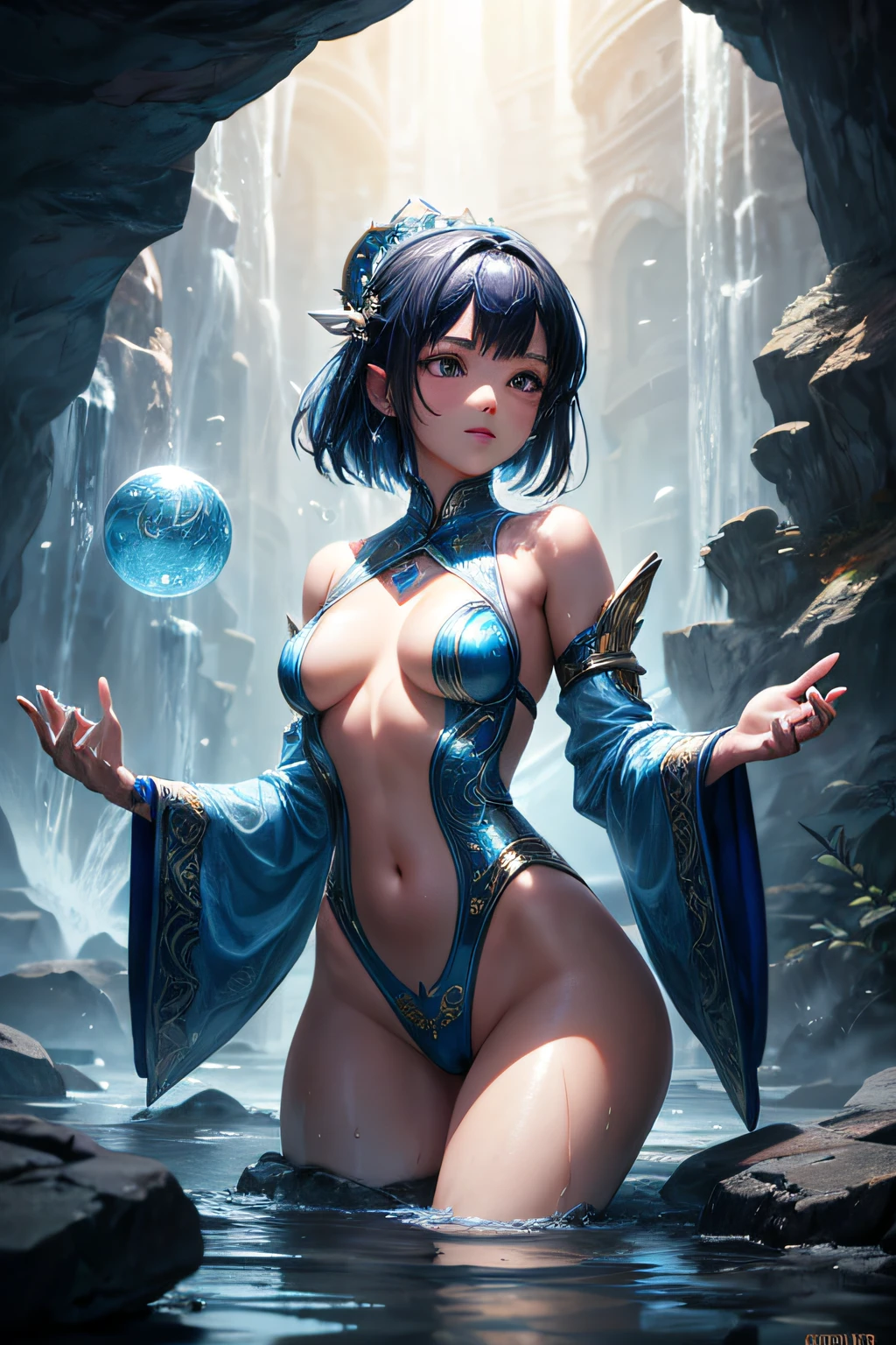 young teen girl, asian girl, water mage, sorceress, water goddess, water covering her body, controling all water around her, makes balls of water around her body, ancient cave in background, sexi, small breasts, , highly detailed, vibrant appearance, creative behavior, extremly detailed, imaginative, sensual, spontaneous, highest quality, skin texture, intricate details, (cinematic lighting), RAW photo, 8k, masterpiece,best quality,ultra-detailed,very detailed illustrations,extremely detailed,intricate details,highres,super complex details,extremely detailed 8k cg wallpaper,