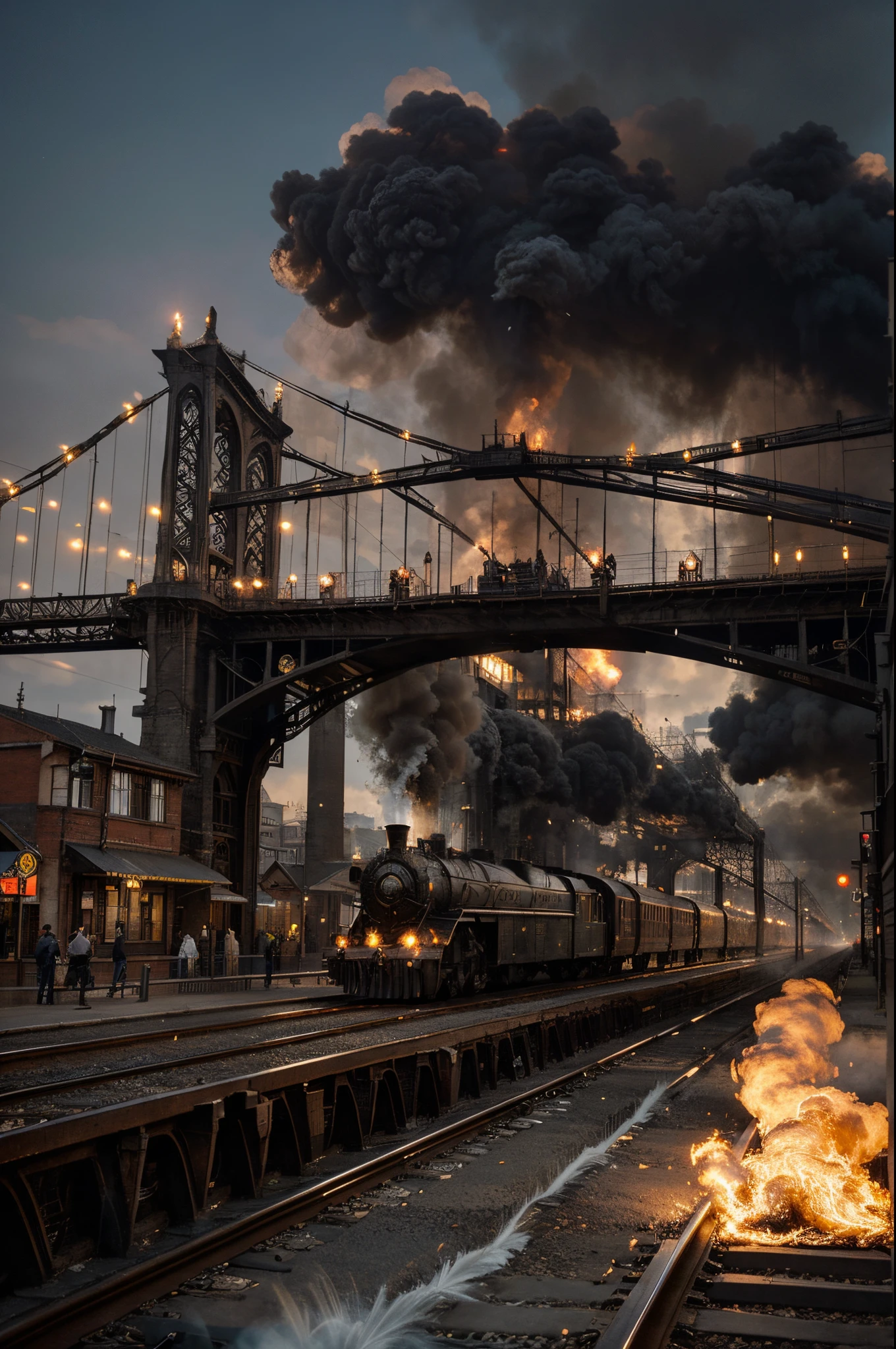 BREAK an image of a bustling steampunk city with a bridge and a train in the background. The city is alive with activity, with steam-powered vehicles and machinery moving through the streets. The buildings are made from a mix of brick, metal, and wood, with gears and pipes jutting out from the sides. BREAK (The city is divided by a river, with a large, ornate bridge connecting the two sides. The bridge is made from metal and has intricate designs and patterns etched into it. Steam-powered boats and airships can be seen sailing and flying underneath the bridge. )BREAK In the background, a steam-powered train is chugging along the tracks, billowing out steam and smoke. The train is ornately decorated, with brass and gold accents and intricate designs etched into its sides. BREAK The sky is filled with smoke and smog, adding to the industrial feel of the city. The scene is one of bustling energy and innovation, with the steampunk technology taking center stage.