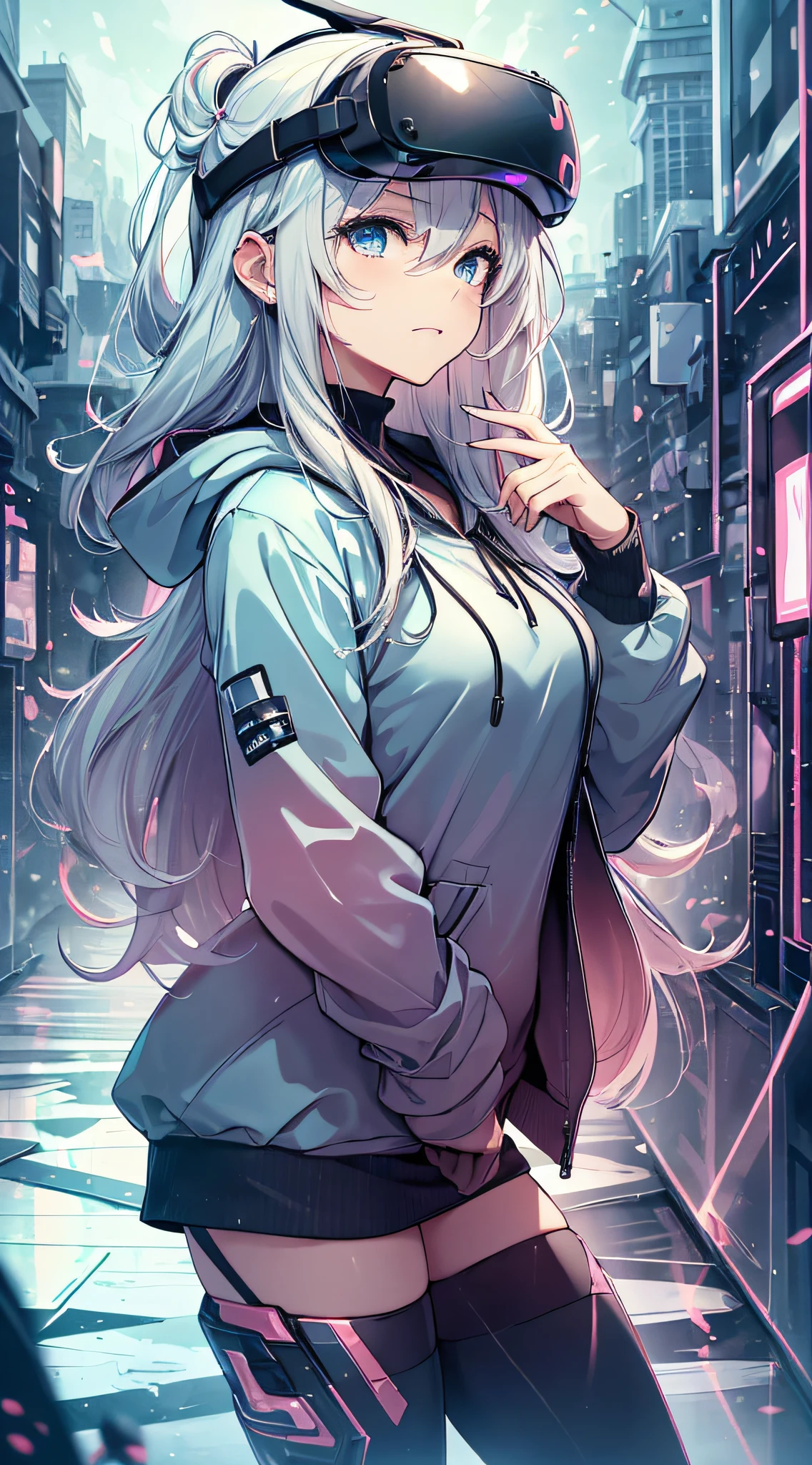 top-quality、Top image quality、masterpiece、s girl((Blue Hoodie、black trousers、18year old、 Ager、Best Bust、big bast,Beautiful light blue eyes, Long silver hair、A slender,Large valleys、Reflecting the whole body、Leaning forward、Attach the VR visor to your eyes、I have a VR stick controller、Excited face、play VR)),hiquality、Beautiful Art、Background with(( Cyber World)))、masutepiece、depth of fields,