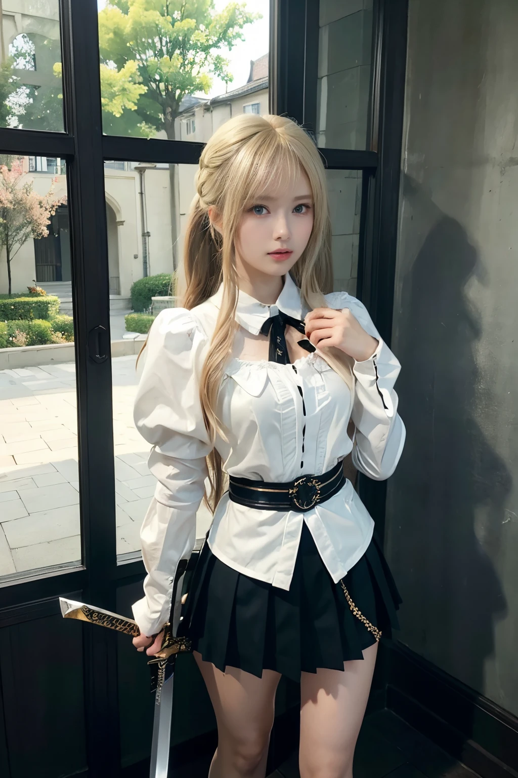 bright expression、poneyTail、Young shiny shiny white shiny skin、Best Looks、Blonde reflected light、Platinum blonde hair with dazzling highlights、shiny light hair,、Super long silky straight hair、Beautiful bangs that shine、Glowing crystal clear attractive big blue eyes、Very beautiful nice cute girl、Lush bust,Beautiful detailed eyes, beautiful detailed nose,(( Full body:1.25)),Makeup that the eyes emphasize、((Mini pleated skirt with many folds)),(Women like Joan of Arc)、s Armor、Knights, With a sword and shield,Royal style,Comic style, , Sub-surface scattering, ornate detail, nature backdrop, Hyper-realistic, Cinematic, Dramatic Lighting, masutepiece、(((Fight with a sword in both hands)))、fluffy hair、