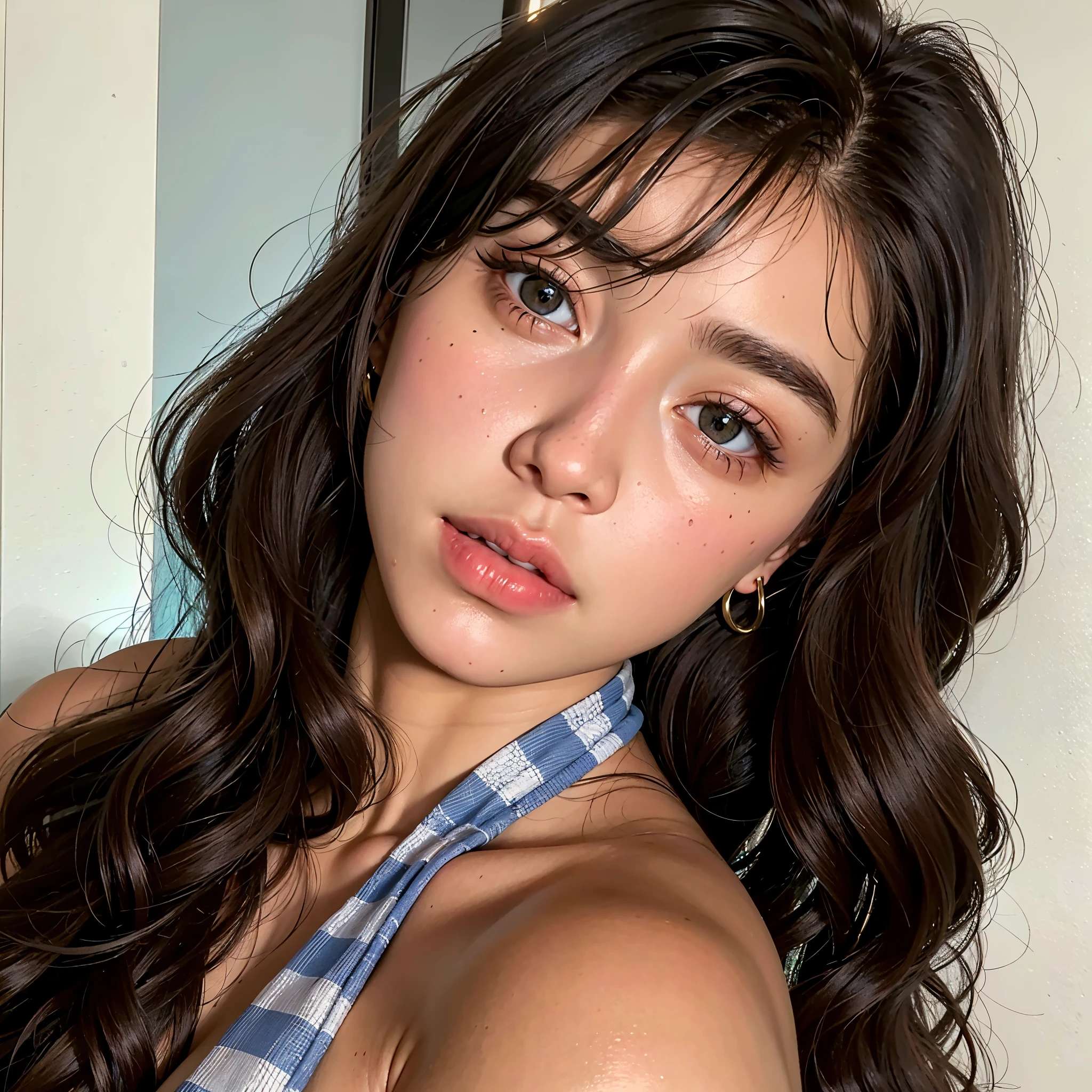 There was a long-haired woman wearing a blue and white plaid top., Cerveza Madison, Retrato de la chica cervecera de Madison, Cerveza Soft Devil Queen Madison, :: Cerveza Madison, Kailee Mandel, Dua Lipa, Retrato Sophie Mudd, Charli Bowater, 18 years old, flequillo de cortina, Madison Beer como Leeloo, Hermosa cara latina, cara extremadamente hermosa