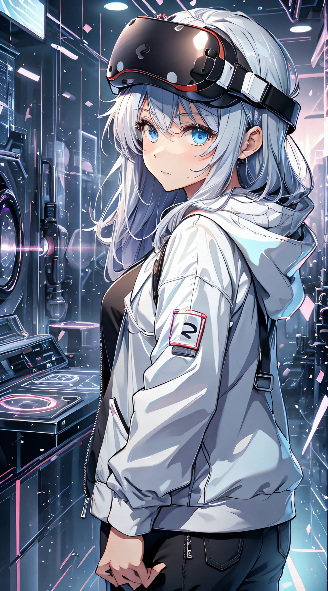 top-quality、Top image quality、masterpiece、s girl((Blue Hoodie、black trousers、18year old、 Ager、Best Bust、big bast,Beautiful light blue eyes, Long silver hair、A slender,Large valleys、Reflecting the whole body、Leaning forward、Attach the VR visor to your eyes、I have a VR stick controller、Excited face、play VR)),hiquality、Beautiful Art、Background with(( Cyber World)))、masutepiece、depth of fields,