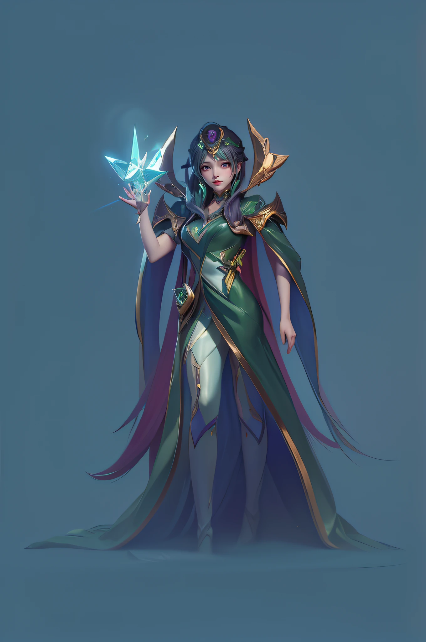 One in green and gold、Close up of woman holding crystal, Imperial sister，Hero fantasy character concept, Drawn in mysterious style, League of Legends style，League of Legends Blade of Ionia girl character，Aurora elements，the detail。