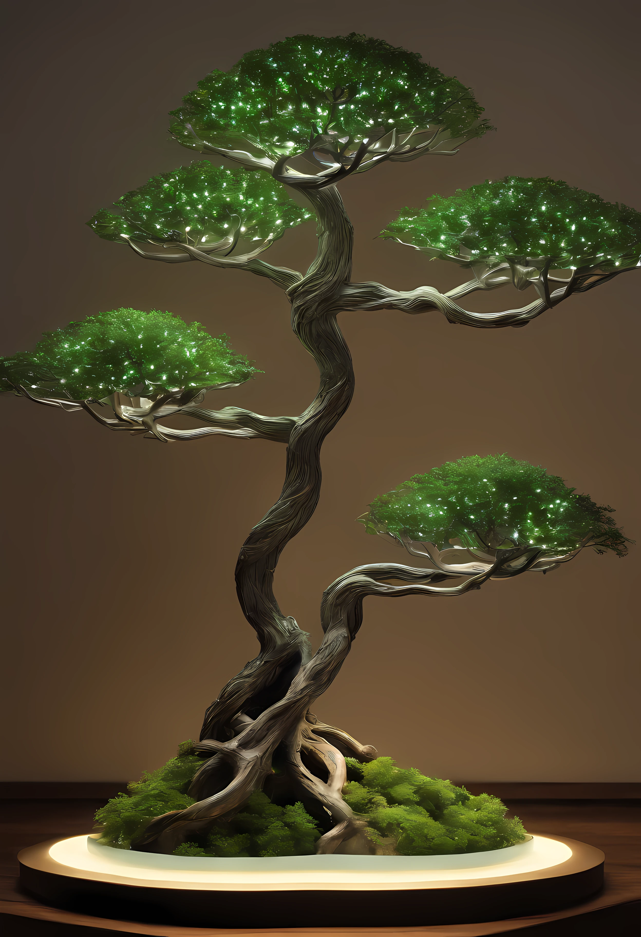 futuristic bonsai. depiction: Imagine a bonsai tree in a futuristic environment, A fusion of organic and technological elements. that tree: Depicting a miniature bonsai tree,Featuring smooth metallic branches and glowing bioluminescent leaves. saucepan: Display of carefully designed flower pots made of transparent material, Embedded holographic display shows important information about trees.enviroment: Place bonsai in a futuristic living space filled with minimalist furniture and advanced technology. lamplight: Light up the scene with soft neon lights, Highlight the unique features of trees. the detail: Note the intricate patterns and textures on the metal branches, and intricate roots reaching into the pot... Stylized: Integrating stylish futuristic design with natural aesthetics, The combination of technology and quiet elements.