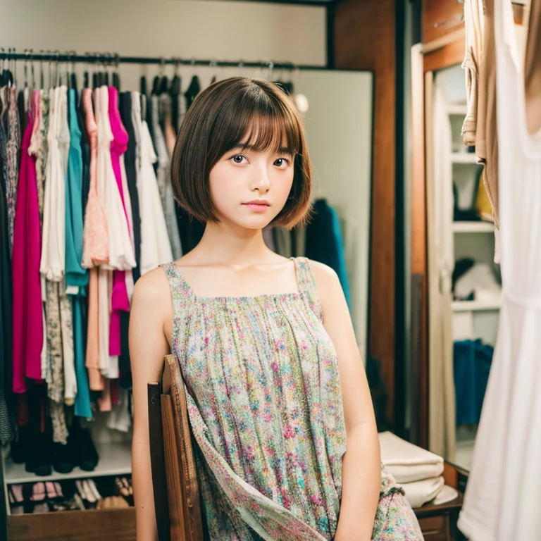 An ultra-high picture quality、Perfect Photo、japanes、japanese beauty girl、15yo student、Sareme、dressing room、summer clothing、Photography Studio、Reverse Bob Hair、stare、