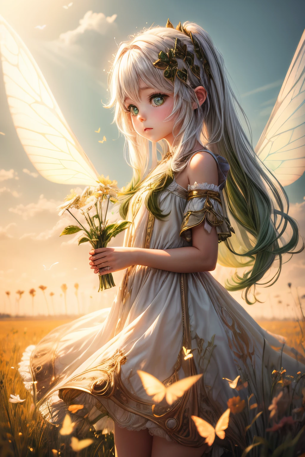 "((Innocent)) girl, golden hour, dreamy meadow, ethereal, whimsical, flowing dress, soft sunlight, enchanting, butterfly wings, (pastel clouds), liquid reflections
