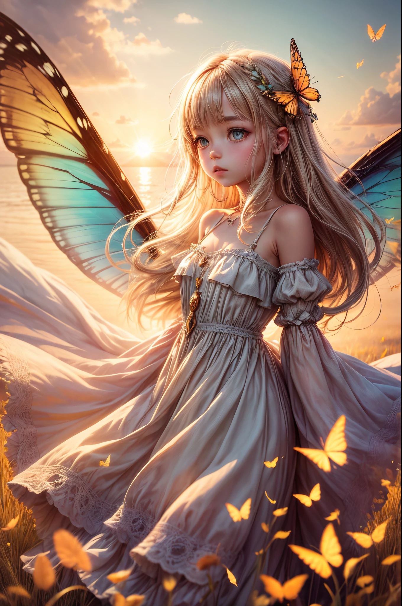 "((Innocent)) girl, golden hour, dreamy meadow, ethereal, whimsical, flowing dress, soft sunlight, enchanting, butterfly wings, (pastel clouds), liquid reflections