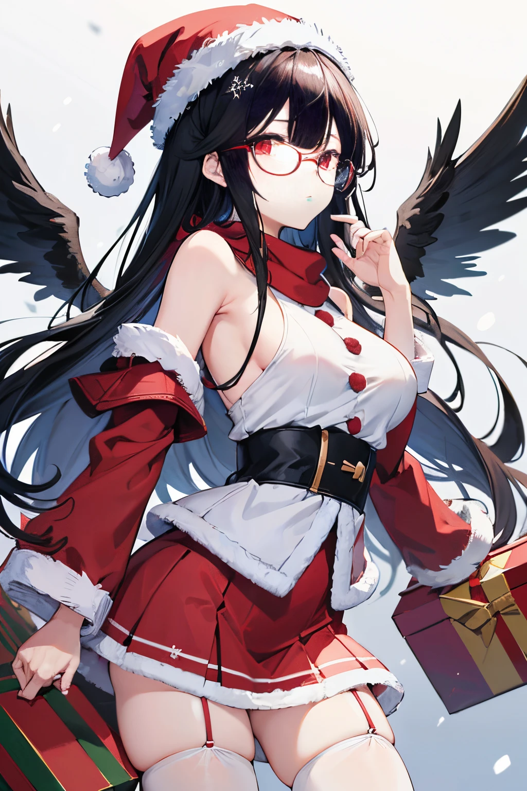 "anime girl, 1 person, black hair, shoulder length hair, red eyes, glasses, white horns, discreet, santa outfit, santa shirt, santa hat, winter outfit, big breasts, stockings, small black wings on back, solo, front view, falling snow, Christmas gift box, Christmaull HD 4K+ image)"