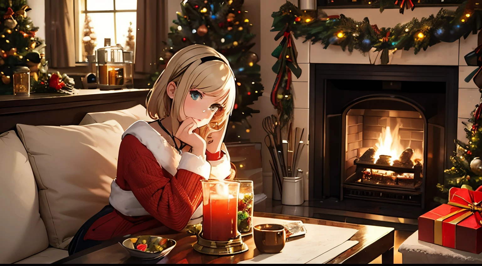 lofi art in GTA Game art style use only complimentary colors from the color wheel. A main character in first plan portrait mode, A girl age 25 looking into magical Jar with snow inside, the jar next a fireplace in on Christmas eve. A cozy and warm scene in background, Visual elements that represent Christmas.