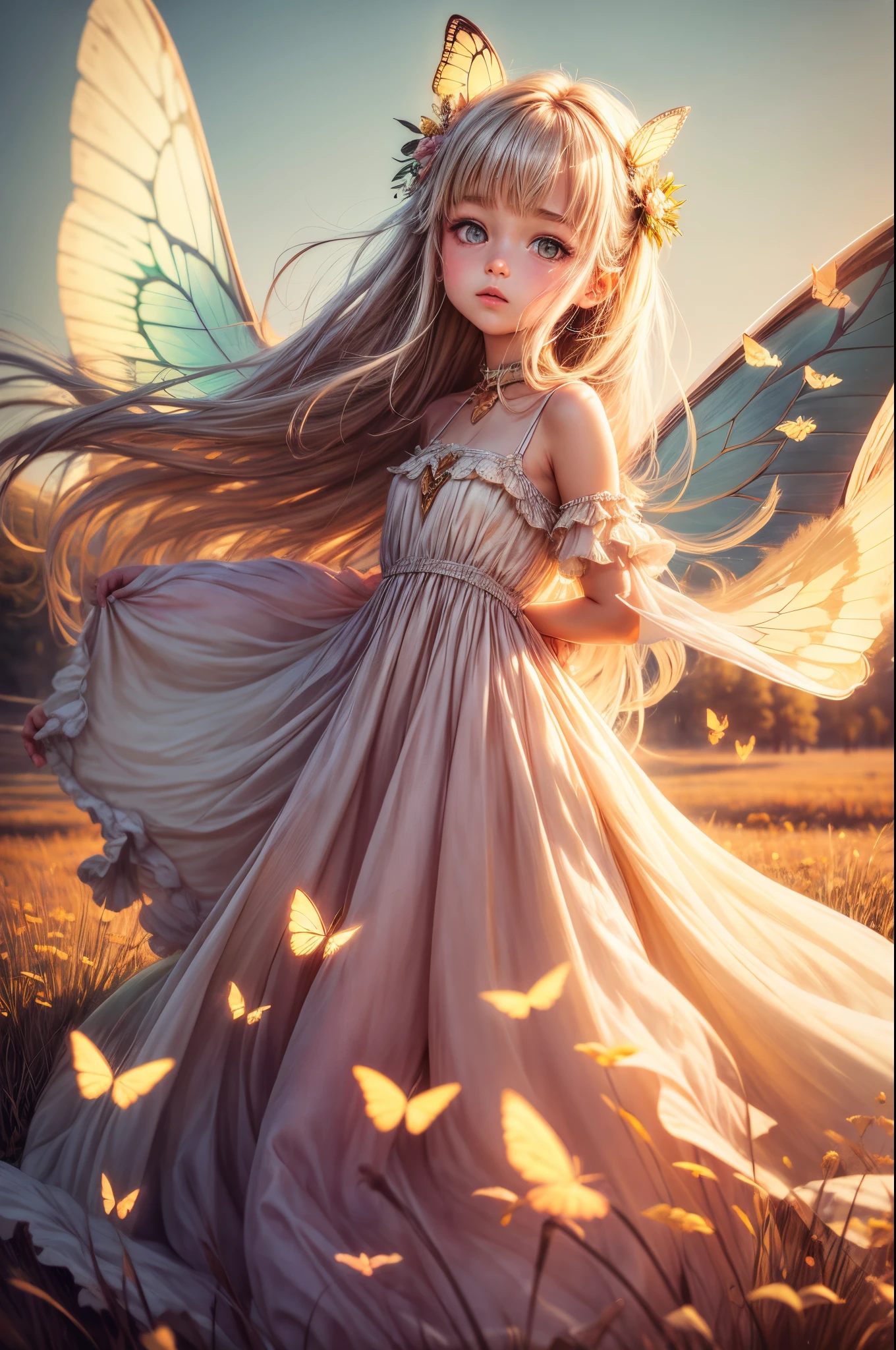 "((Innocent)) girl, golden hour, dreamy meadow, ethereal, whimsical, flowing dress, soft sunlight, enchanting, butterfly wings, (pastel clouds), liquid reflections