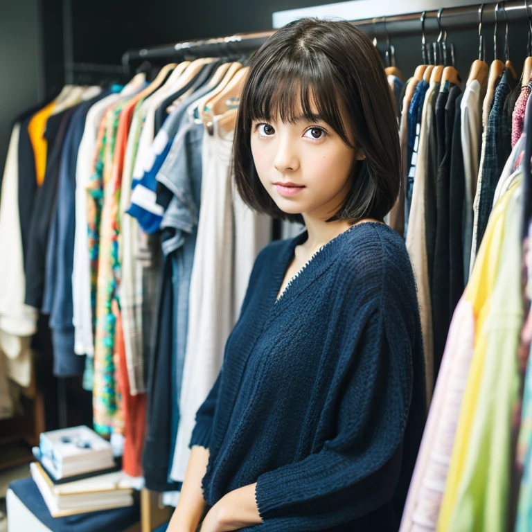 An ultra-high picture quality、Perfect Photo、japanes、japanese beauty girl、15yo student、Sareme、dressing room、summer clothing、Photography Studio、A dark-haired、Reverse Bob Hair、stare、