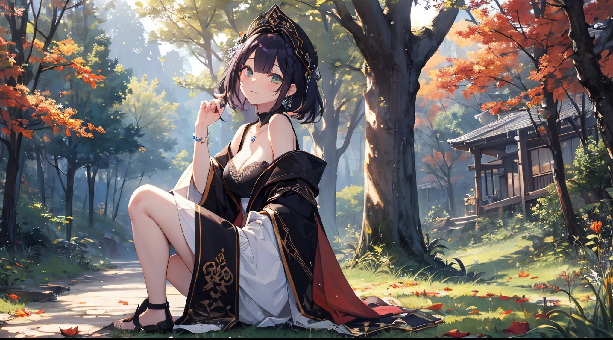 MC, ahoge, (long hari, purple hair:1.3), hair ornament, dark-blue eyes, anatomically correct, heavy breathing, mature female, 1girl, solo, breasts, looking at viewer, large breasts, long sleeves, sitting, thighs, outdoors, japanese clothes, sky, barefoot, day, cloud, wide sleeves, kimono, water, flower, spotlight, (bokeh:1.3) tree, legs, sash, bare legs, obi, crossed legs, nature, black kimono, short kimono, reflective, (fog:1.3), fireflies, hollow eyes, bright pupils, dark-blue eyes, looking at viewer. glowing eyes heavy breathing, seductive smile, (steaming face:1.3), blush face, lips,