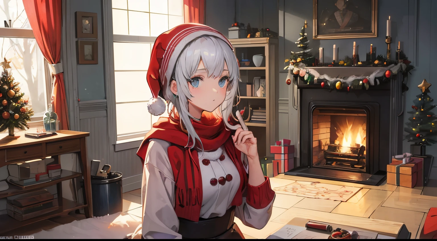 lofi art in GTA Game art style use only complimentary colors from the color wheel. A main character in first plan portrait mode, A girl age 25 looking into magical Jar with snow inside, the jar next a fireplace in on Christmas eve. A cozy and warm scene in background, Visual elements that represent Christmas.