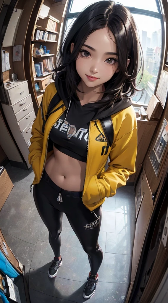 ((8k wallpaper of extremely detailed CG unit, masterpiece, hight resolution, top-quality)), (Beautuful Women, Smile, Hands in pockets:1.8, Grunge Fashion, wearing a zippered hoodie:1.2, Wearing leggings:1.2, Wearing sneakers:1.1), ((extra detailed face, Highly detailed black eyes, extra detailed body, Top quality real texture skins)), (A dark-haired, hair messy, de pele branca, Exposed belly), (colorful room), (high-angle:1.2, Fisheye:1.3), hyper realisitic, digitial painting,