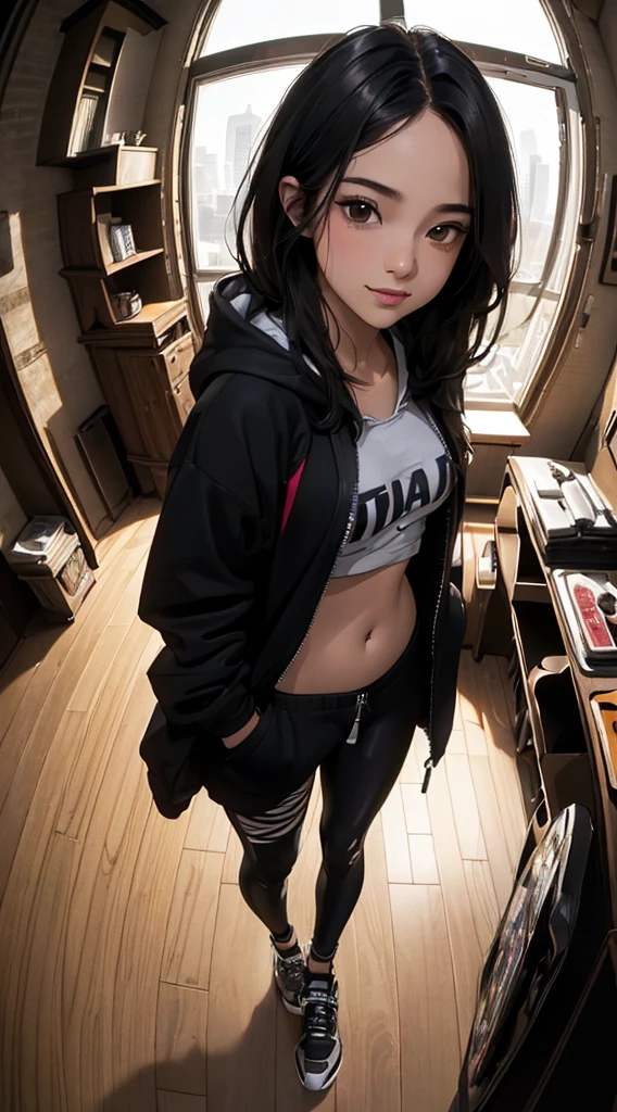 18 year old female, brown hair, blue eyes, ponytail, BLACK HOODIE, NO PANTS, PANTIES, crop top