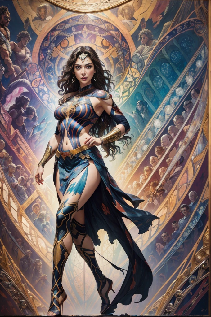 Gal Gadot、Sticking out the navel、newyork、She wears a torn Spider-Man suit,wearing skirt、abstract photorealistic、artistic、Alphonse Mucha's painting(masterpiece、top-quality、hight resolution:1.4)、detaileds、intricate-detail、4K、color splashes、line-drawing、Fibonacci、