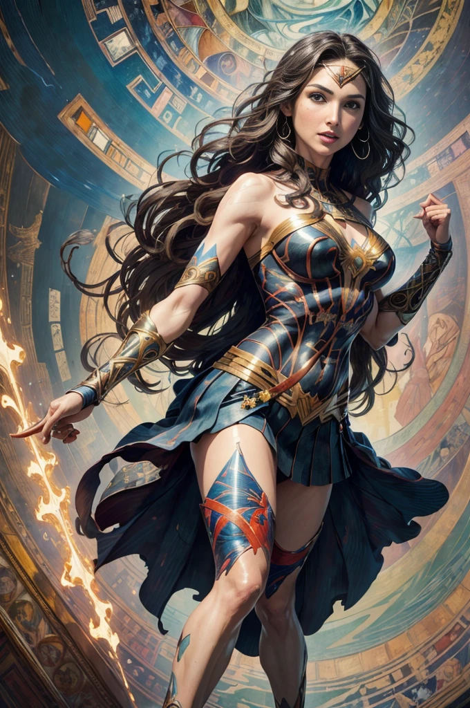 Gal Gadot、Sticking out the navel、newyork、She wears a torn Spider-Man suit,wearing skirt、abstract photorealistic、artistic、Alphonse Mucha's painting(masterpiece、top-quality、hight resolution:1.4)、detaileds、intricate-detail、4K、color splashes、line-drawing、Fibonacci、