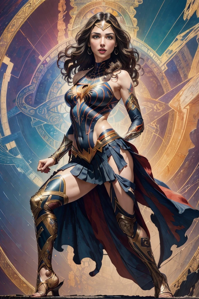 Kat Dennings、Sticking out the navel、newyork、She wears a torn Spider-Man suit,wearing skirt、abstract photorealistic、artistic、Alphonse Mucha's painting(masterpiece、top-quality、hight resolution:1.4)、detaileds、intricate-detail、4K、color splashes、line-drawing、Fibonacci、