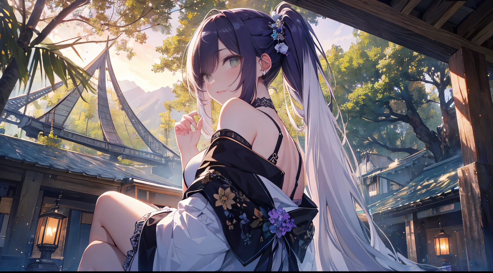 ((tmasterpiece:1.4, Best quality at best))+, (hyper-detailing)+, (Delicate green eyes:1.5)+, (Detailed ears:1.5), (Cute girly robe:1.5), Tight white silk, Short hair details, long braid,biting pigtails,no headwear,(Black flowers:1.2), pale-skinned, (white cloth:1.5), (Giant wood:1.4), ancient temple in the mountains,censer,visitor,Sitting under the tree in the temple,Ancient trees in the courtyard,falling leaf,(Black bandana:1.1), (dawn light:1.2),(buddhist monk:1.5 ), (closeup cleavage:1.1), the only person, deep purple hair, hair covering one eye, V-shaped eyebrows, Gloom (Expressing the), from back, from below, Best quality at best, A high resolution, high detal, high high quality, 16k