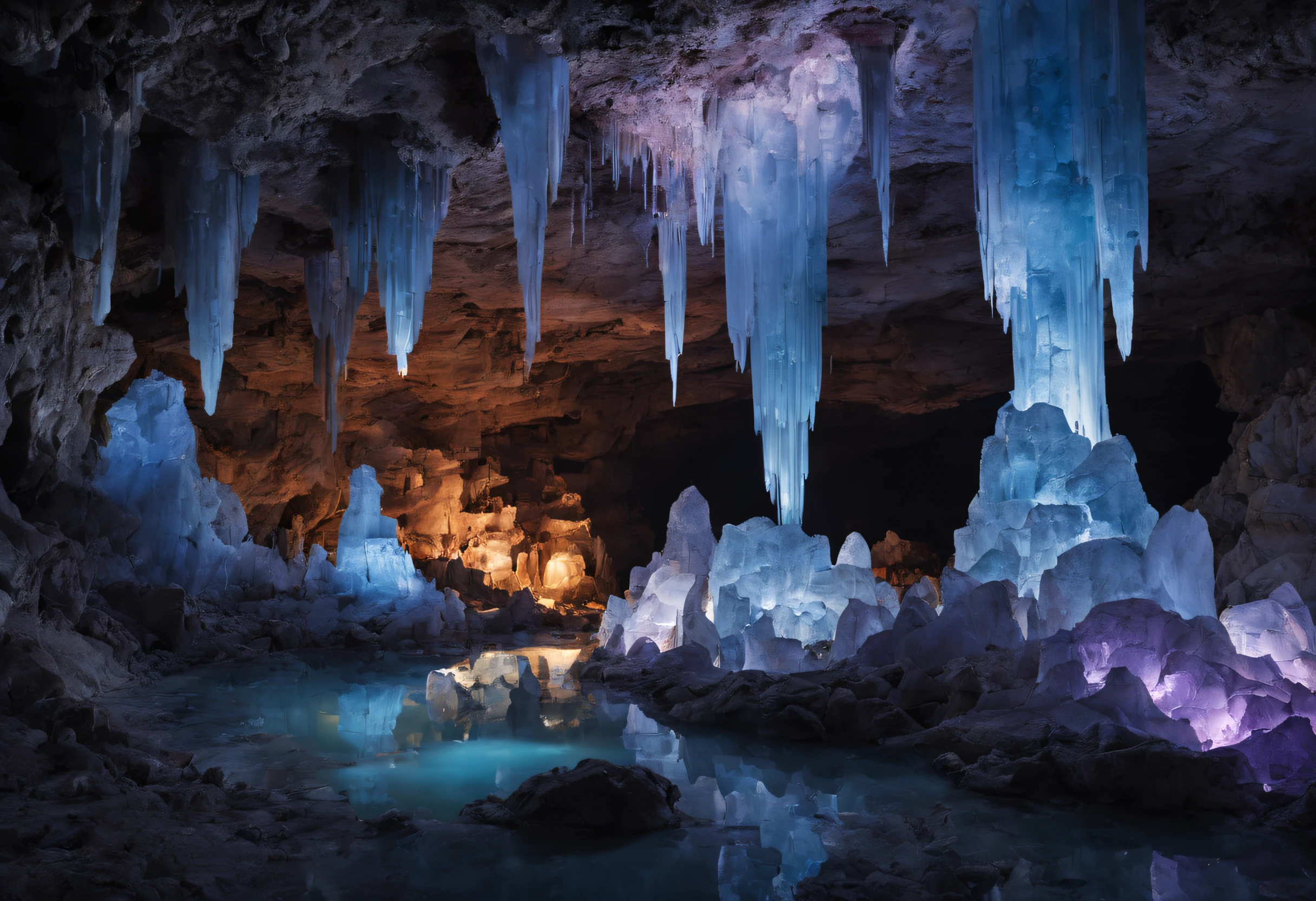 (a large, majestic crystal cave),(best quality,high-res:1.2),(mesmerizing,unforgettable,awe-inspiring,unbelievably beautiful:1.1),(shimmering,sparkling,glowing:1.1),(dazzling,translucent crystals:1.2),(brilliant colors,prismatic reflections),(mysterious darkness,subtle shades of blue and purple),(ethereal lighting,subtly illuminates the cave),(dripping stalactites,stalagmites towering above),(crystalline formations,geometric patterns),(serene atmosphere,tranquil and peaceful),(natural beauty,unspoiled and untouched),(unimaginable size and scale),(an otherworldly sanctuary),(deep underground,in a hidden secret realm),(discovering hidden treasures,exploring uncharted territory),(adventure awaits,thrilling journey through the cave),(sense of wonder and awe,overwhelmed with beauty),(magic and mystery,enchanted by the cave's allure)