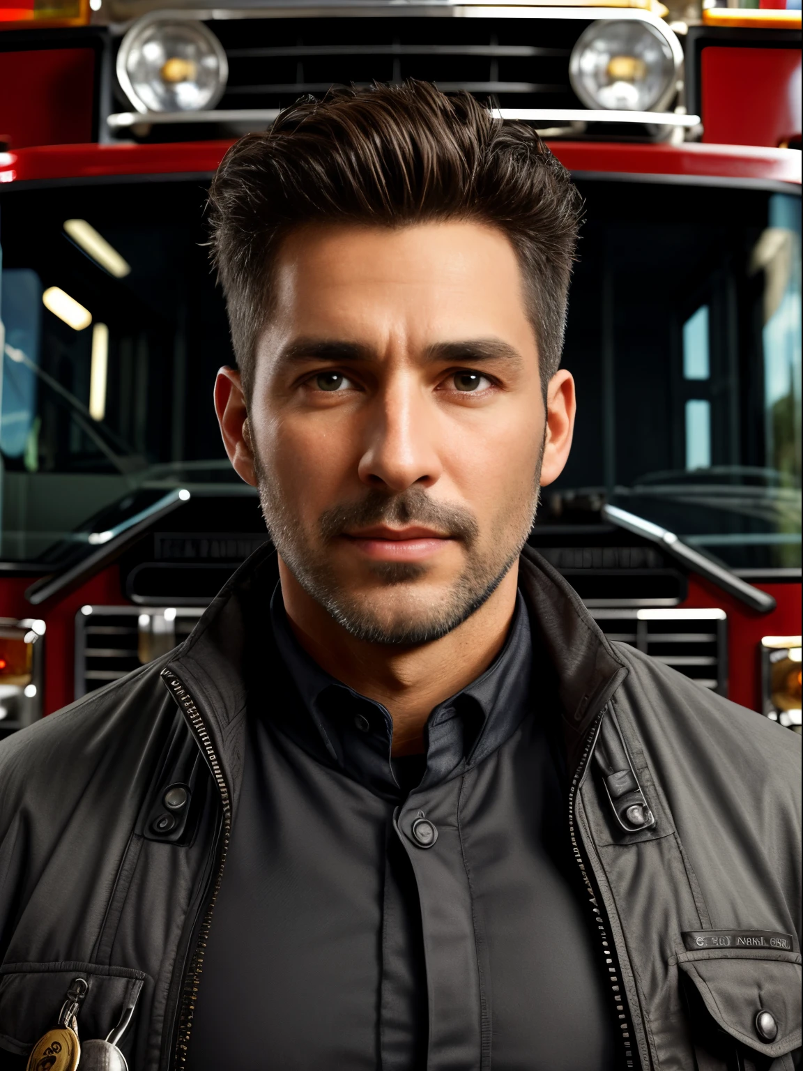 masterpiece, best quality, high resolution, closeup portrait, male focus, solo focus, A man, 40 years old, with firefighter uniform, firefighter suit, firefighter, silver grey hair, messy hairstyle, cute and seductive face, bare chest, body hair, facial hair, roman nose, very skinny body, hairy legs, dimples, beard, bold jawline , in the background a fire station,  view from below, amazing composition, front view, HDR, ultra quality, elegant, highly detailed