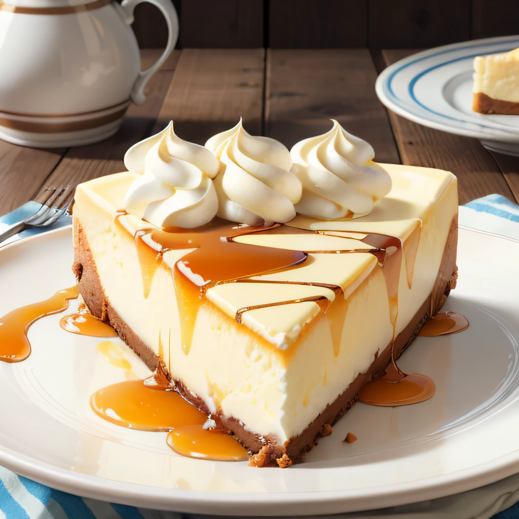 cream cheese cake, syrup, Photorealistic, mouthwatering