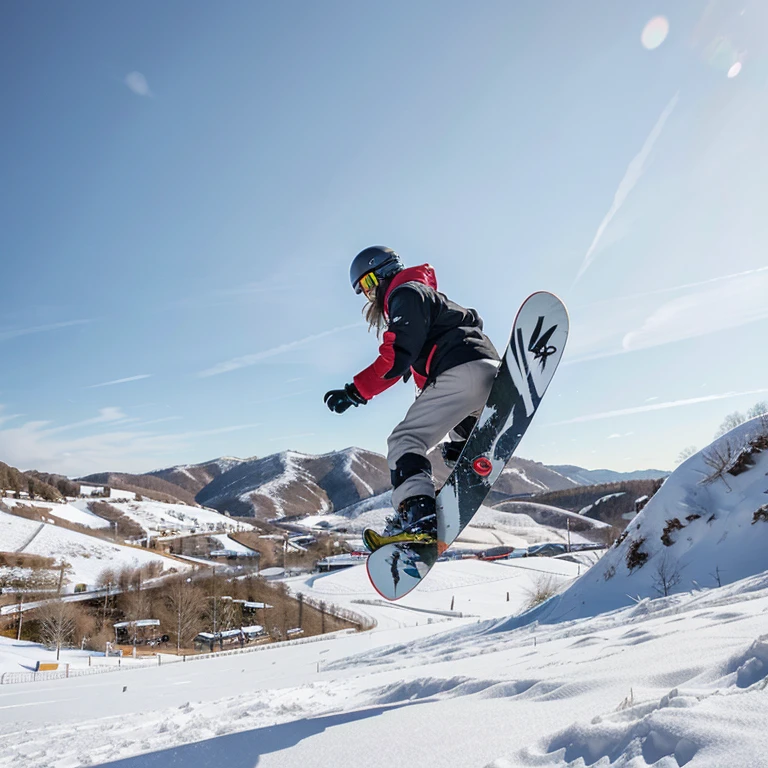 Anime style/snowy landscape: In a snowy landscape drawn in pale tones、An elegant snowboarder kicks up snow、Attractive colorful sharp lines。